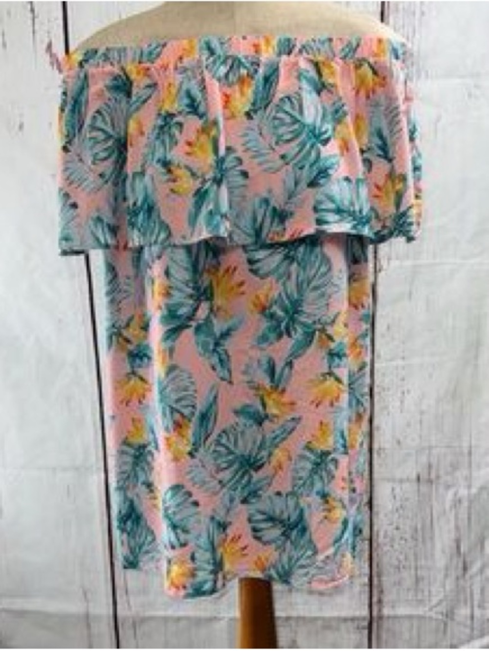 Forever 21 Pink Floral Off-Shoulder Dress with Teal Leaves